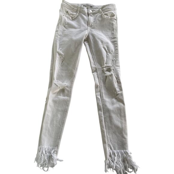 Zara Jeans Women 4 White Raw Frayed Hem High Rise Skinny Denim Distressed - Picture 2 of 7